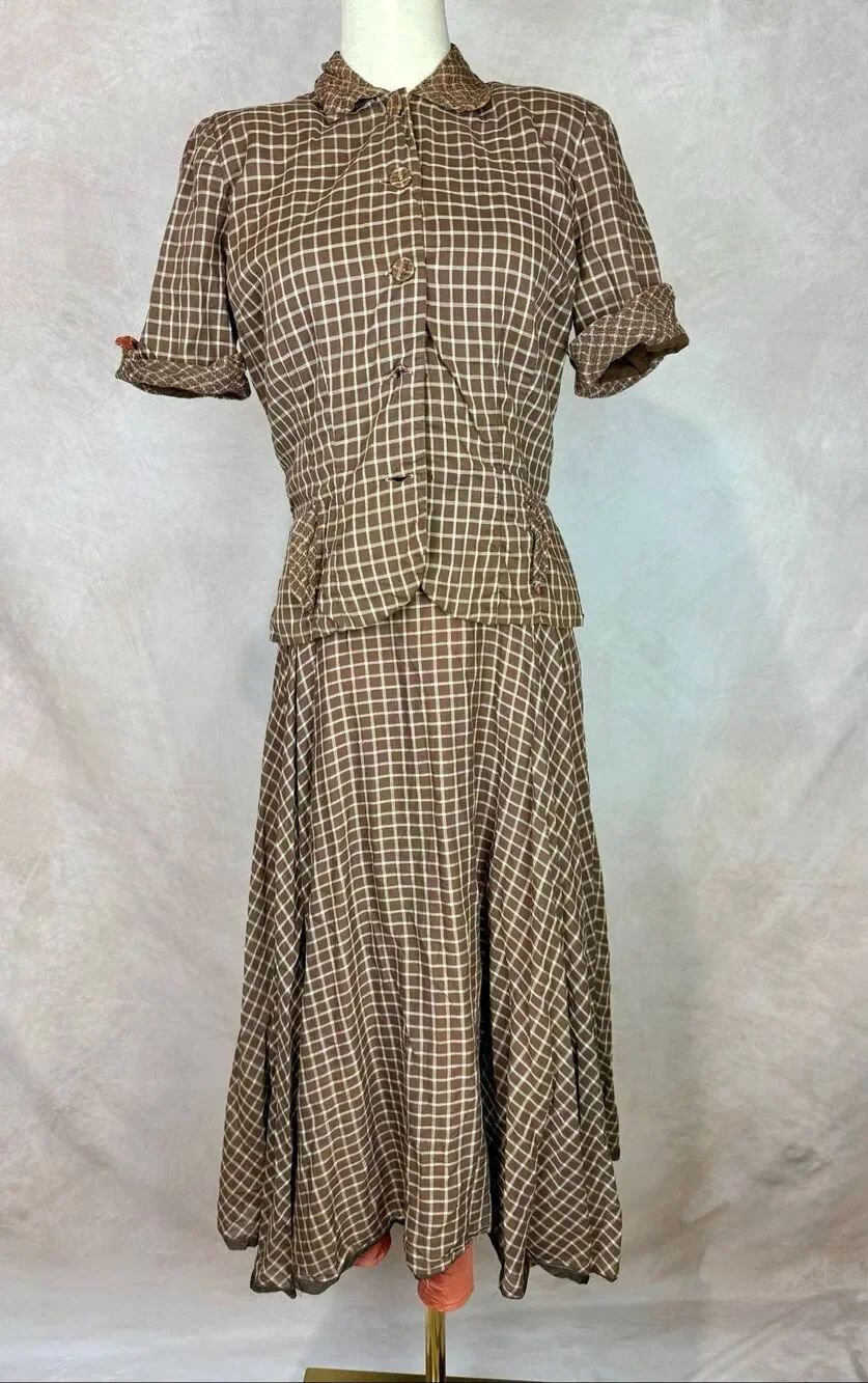Vintage 1940s Early 1950s Windowpane Plaid Rayon Day Dress Jacket Ensemble S/M